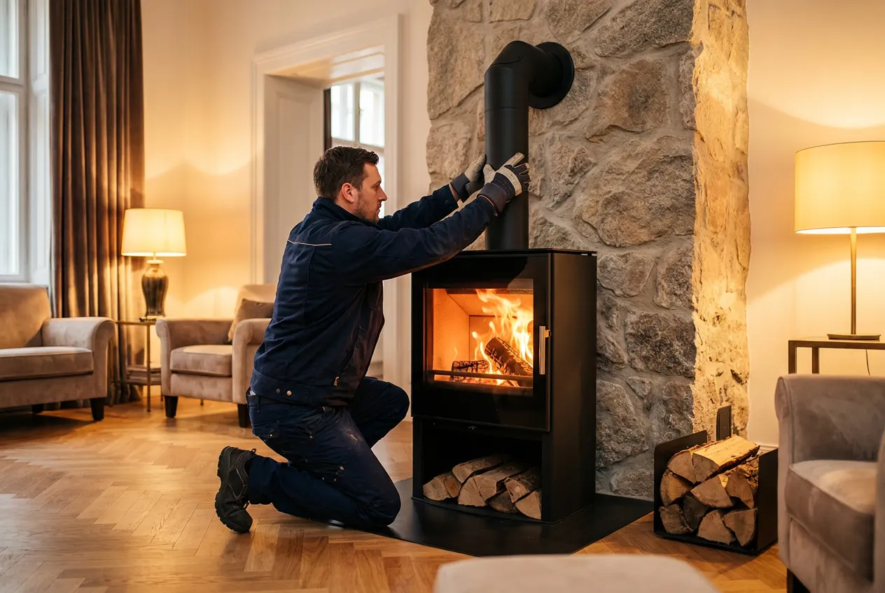 Kaminbau Haining — Kaminbauer baut einen Kaminofen in ein Wiener Wohnzimmer ein