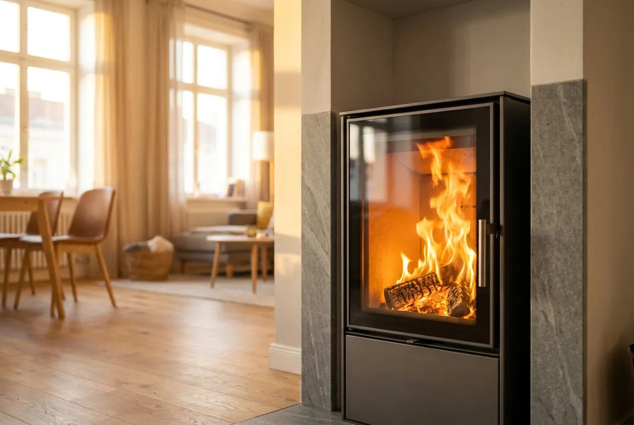 Kaminbau Haining — neu eingebauter Kaminofen mit Natursteinverkleidung